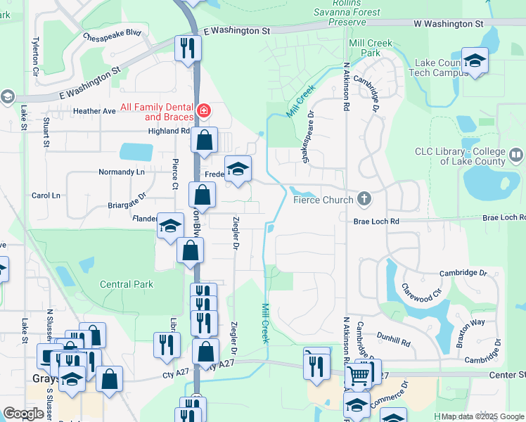 map of restaurants, bars, coffee shops, grocery stores, and more near 635 Robin Court in Grayslake