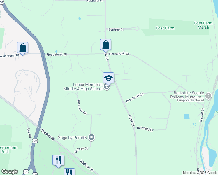 map of restaurants, bars, coffee shops, grocery stores, and more near 197 East Street in Lenox