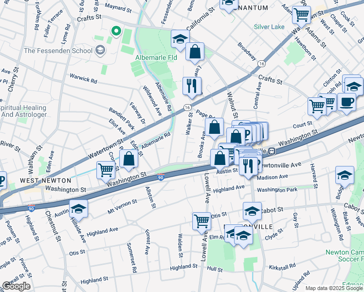 map of restaurants, bars, coffee shops, grocery stores, and more near 75 Walker Street in Newton