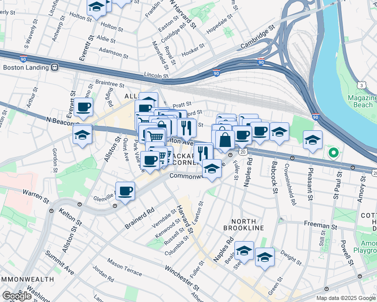 map of restaurants, bars, coffee shops, grocery stores, and more near 66 Brighton Avenue in Boston