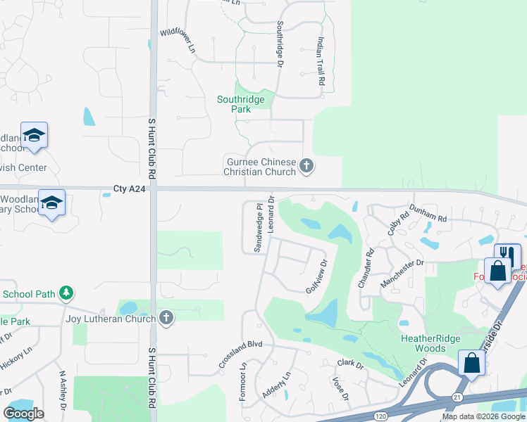 map of restaurants, bars, coffee shops, grocery stores, and more near 579 Sandwedge Place in Gurnee