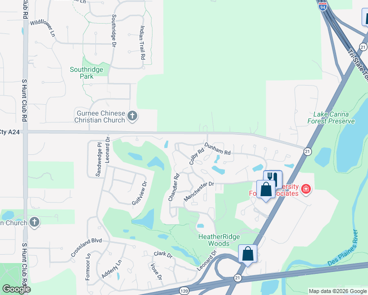 map of restaurants, bars, coffee shops, grocery stores, and more near 599 Dunham Road in Gurnee