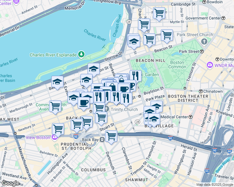 map of restaurants, bars, coffee shops, grocery stores, and more near 60 Commonwealth Avenue in Boston