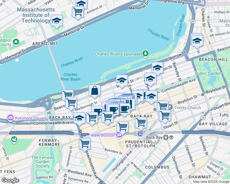 map of restaurants, bars, coffee shops, grocery stores, and more near 8 Fairfield Street in Boston