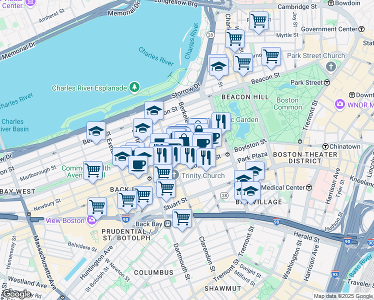 map of restaurants, bars, coffee shops, grocery stores, and more near in Boston