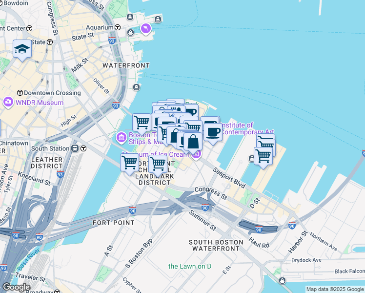 map of restaurants, bars, coffee shops, grocery stores, and more near Seaport Boulevard in Boston