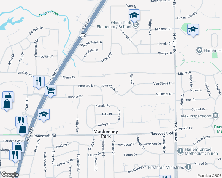 map of restaurants, bars, coffee shops, grocery stores, and more near 1222 Van Stone Drive in Machesney Park