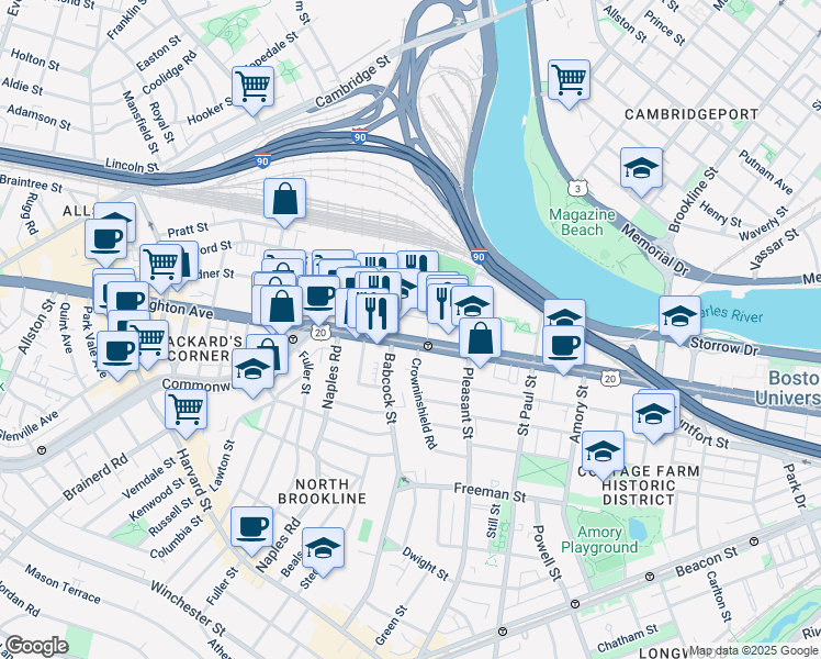 map of restaurants, bars, coffee shops, grocery stores, and more near 989 Commonwealth Avenue in Boston