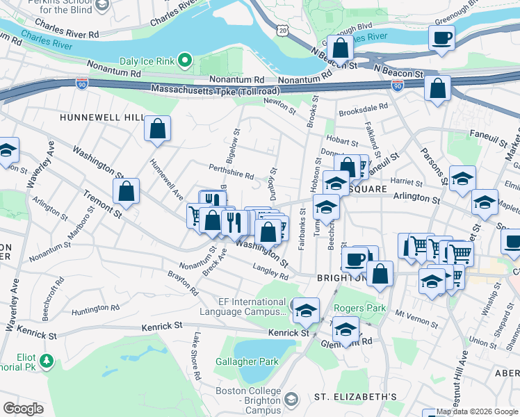 map of restaurants, bars, coffee shops, grocery stores, and more near 4-12 Perthshire Road in Boston