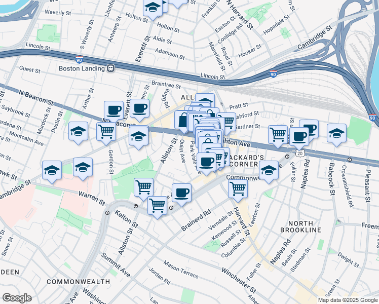 map of restaurants, bars, coffee shops, grocery stores, and more near 38 Park Vale Avenue in Boston