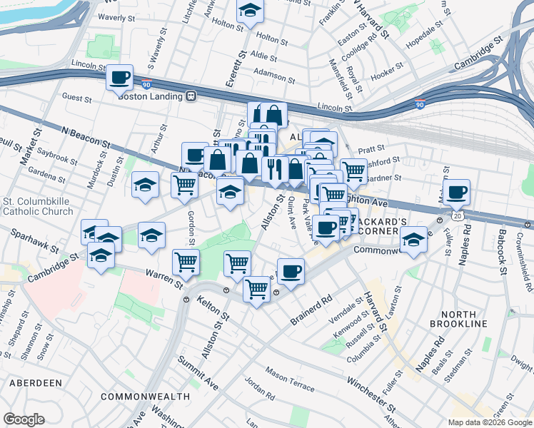 map of restaurants, bars, coffee shops, grocery stores, and more near 21-23 Higgins Street in Boston