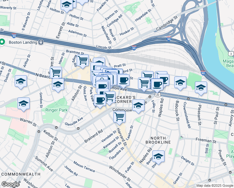 map of restaurants, bars, coffee shops, grocery stores, and more near 11 Reedsdale Street in Allston