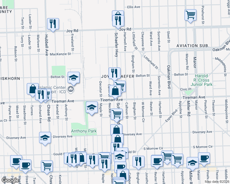 map of restaurants, bars, coffee shops, grocery stores, and more near 8070 Carlin Street in Detroit
