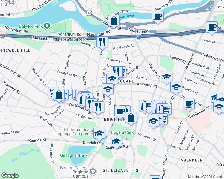 map of restaurants, bars, coffee shops, grocery stores, and more near 101 Beechcroft Street in Boston
