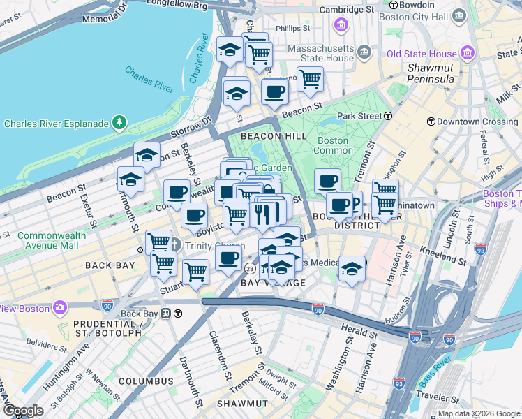 map of restaurants, bars, coffee shops, grocery stores, and more near 217 Boylston Street in Boston