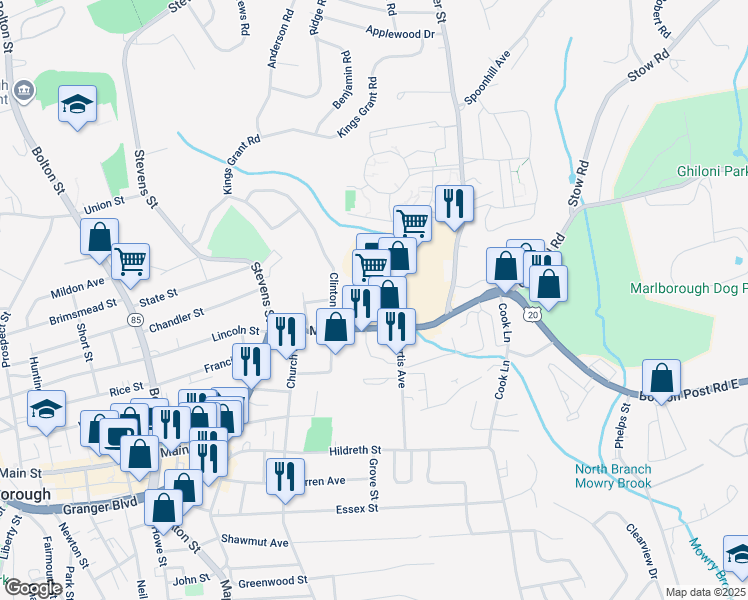 map of restaurants, bars, coffee shops, grocery stores, and more near 222 East Main Street in Marlborough