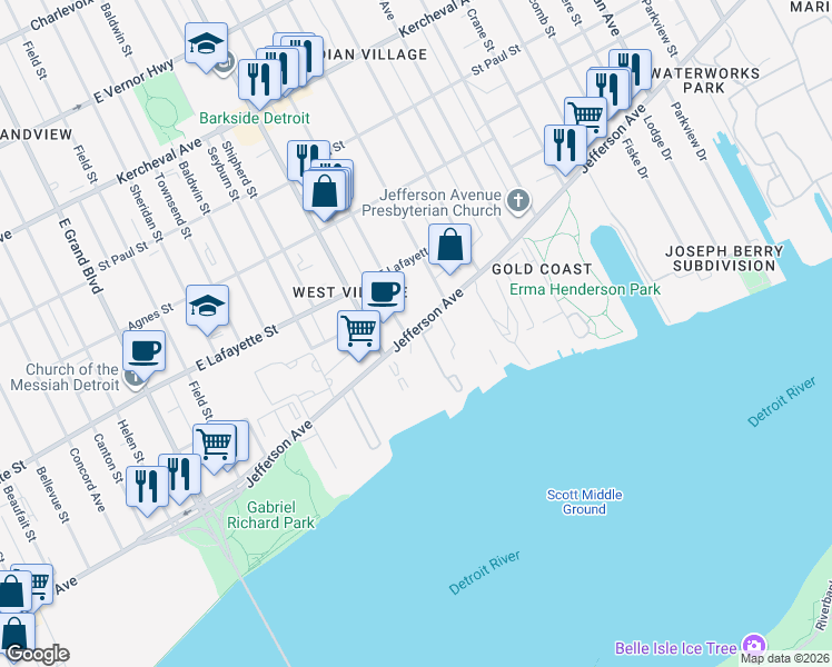 map of restaurants, bars, coffee shops, grocery stores, and more near 8115 East Jefferson Avenue in Detroit