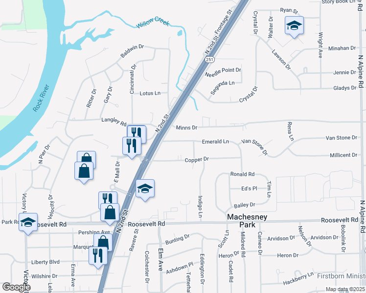 map of restaurants, bars, coffee shops, grocery stores, and more near 824 Emerald Lane in Machesney Park