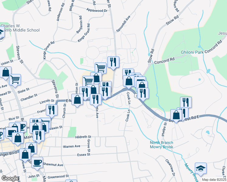 map of restaurants, bars, coffee shops, grocery stores, and more near 7 Hosmer Street in Marlborough