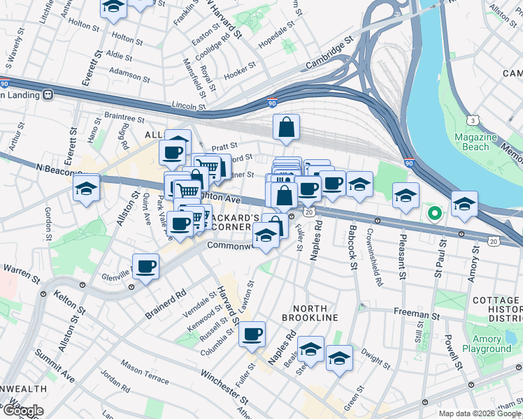 map of restaurants, bars, coffee shops, grocery stores, and more near 39 Brighton Avenue in Boston