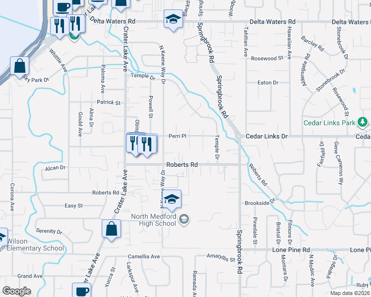 map of restaurants, bars, coffee shops, grocery stores, and more near 2382 Stillwater Court in Medford