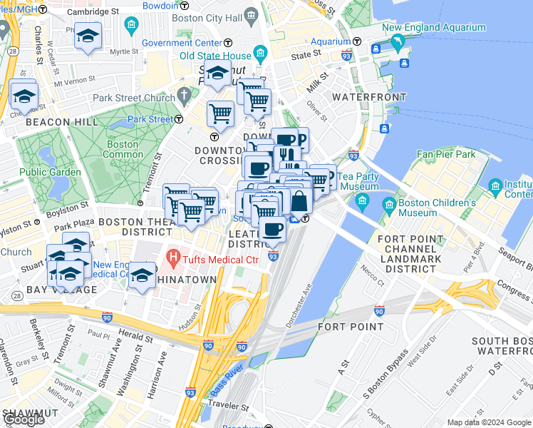map of restaurants, bars, coffee shops, grocery stores, and more near 40 South Street in Boston