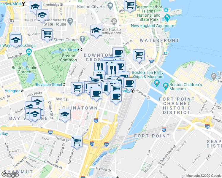 map of restaurants, bars, coffee shops, grocery stores, and more near 23 Lincoln Street in Boston