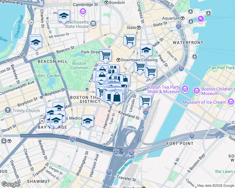 map of restaurants, bars, coffee shops, grocery stores, and more near 8 Harrison Avenue in Boston