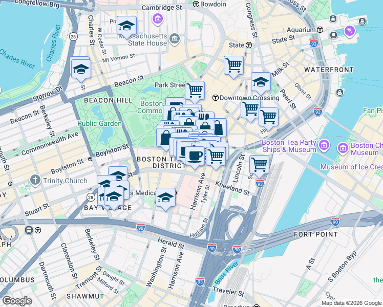 map of restaurants, bars, coffee shops, grocery stores, and more near 4 Avery Street in Boston