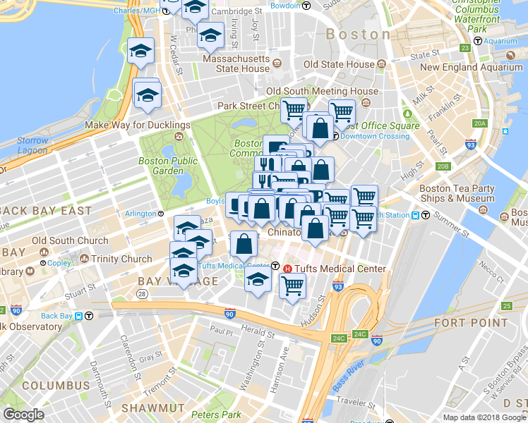 map of restaurants, bars, coffee shops, grocery stores, and more near in Boston