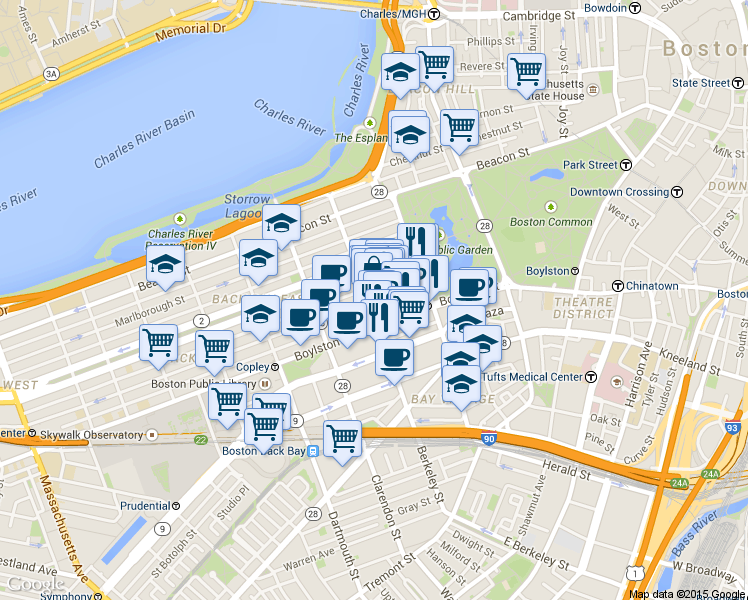 map of restaurants, bars, coffee shops, grocery stores, and more near 33 Public Alley 437 in Boston
