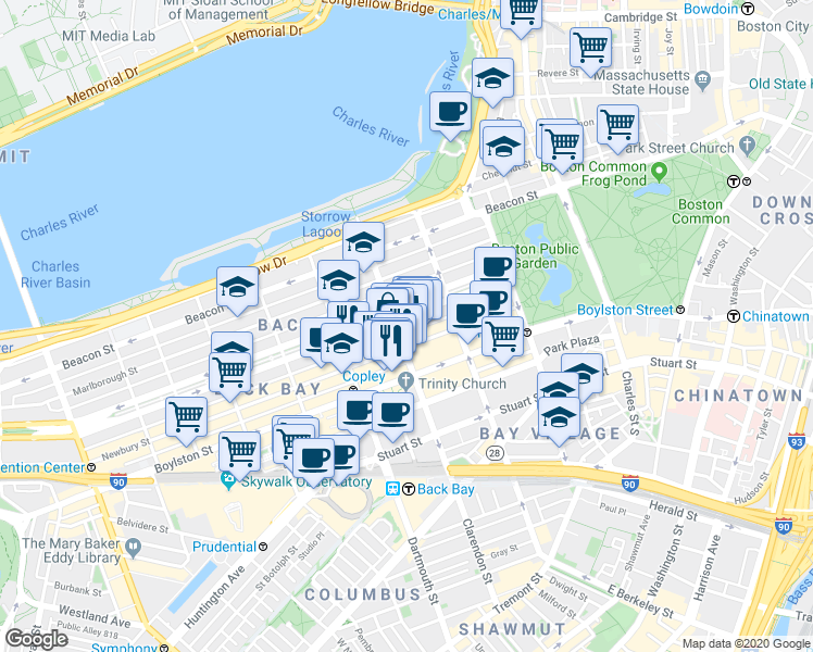 map of restaurants, bars, coffee shops, grocery stores, and more near in Boston