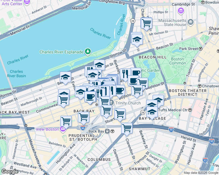 map of restaurants, bars, coffee shops, grocery stores, and more near in Boston