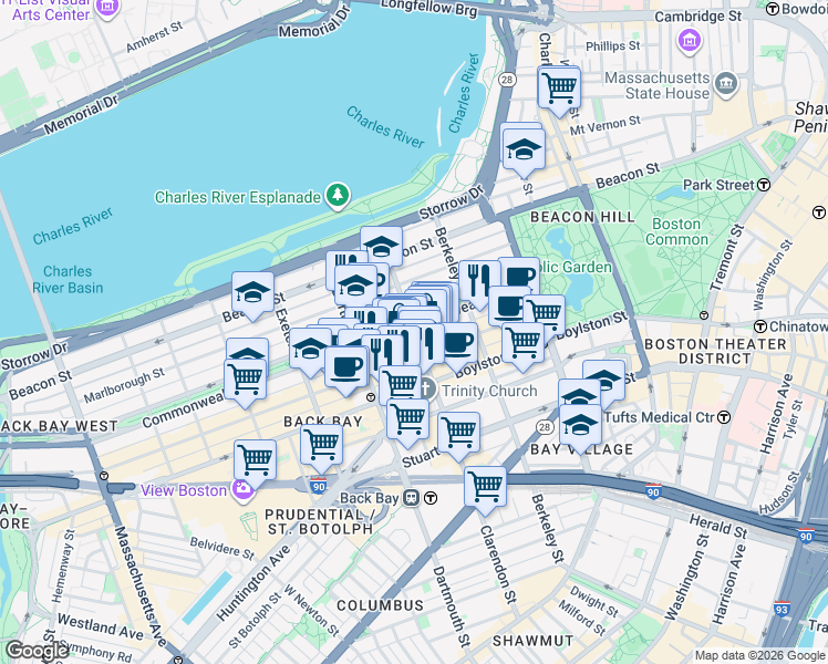 map of restaurants, bars, coffee shops, grocery stores, and more near in Boston