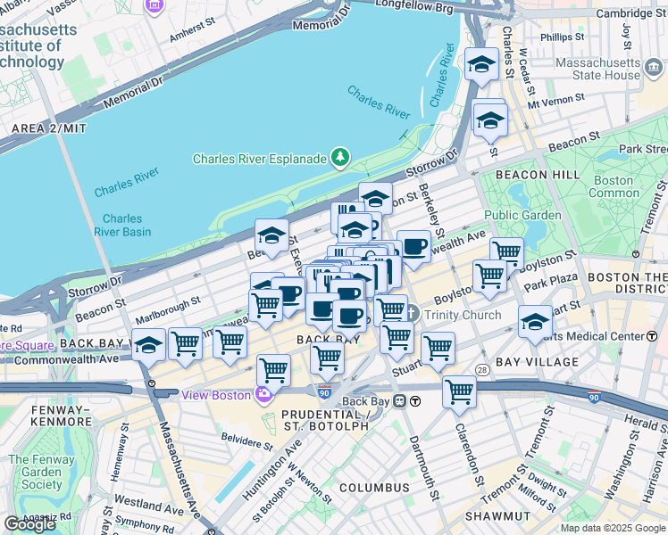 map of restaurants, bars, coffee shops, grocery stores, and more near 312 Dartmouth Street in Boston