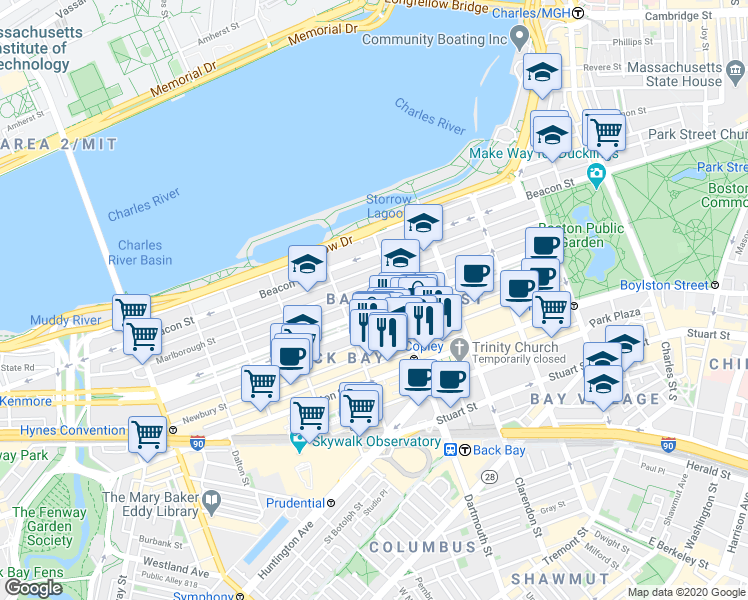 map of restaurants, bars, coffee shops, grocery stores, and more near 312 Dartmouth Street in Boston