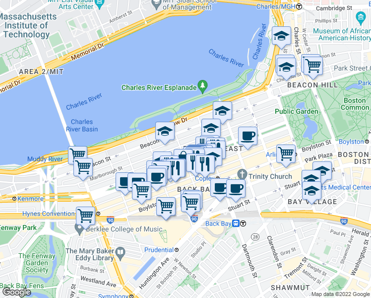 map of restaurants, bars, coffee shops, grocery stores, and more near 193 Marlborough Street in Boston