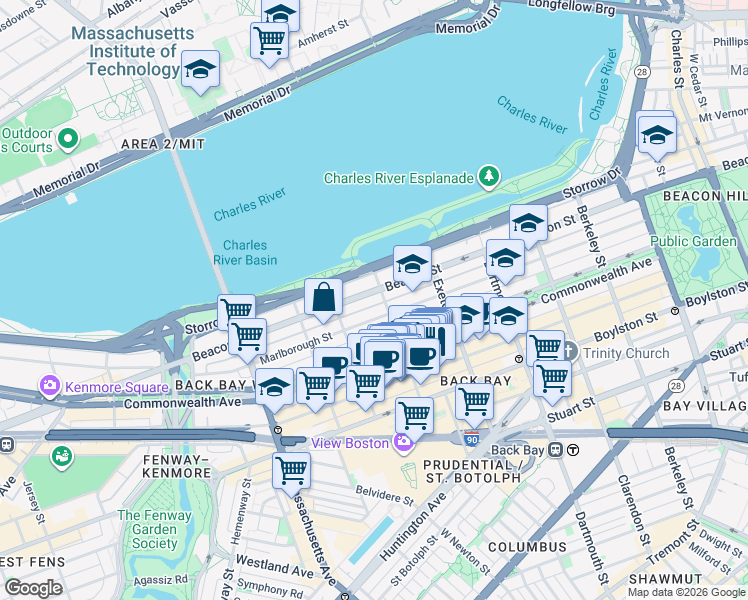 map of restaurants, bars, coffee shops, grocery stores, and more near 10 Fairfield Street in Boston