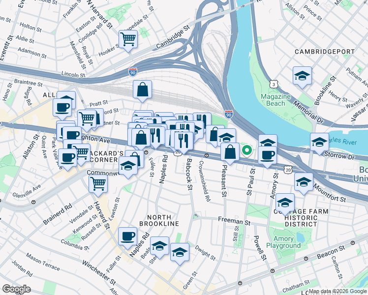 map of restaurants, bars, coffee shops, grocery stores, and more near 1047 Commonwealth Avenue in Boston