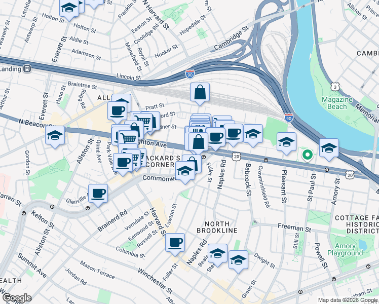 map of restaurants, bars, coffee shops, grocery stores, and more near 39 Brighton Avenue in Boston