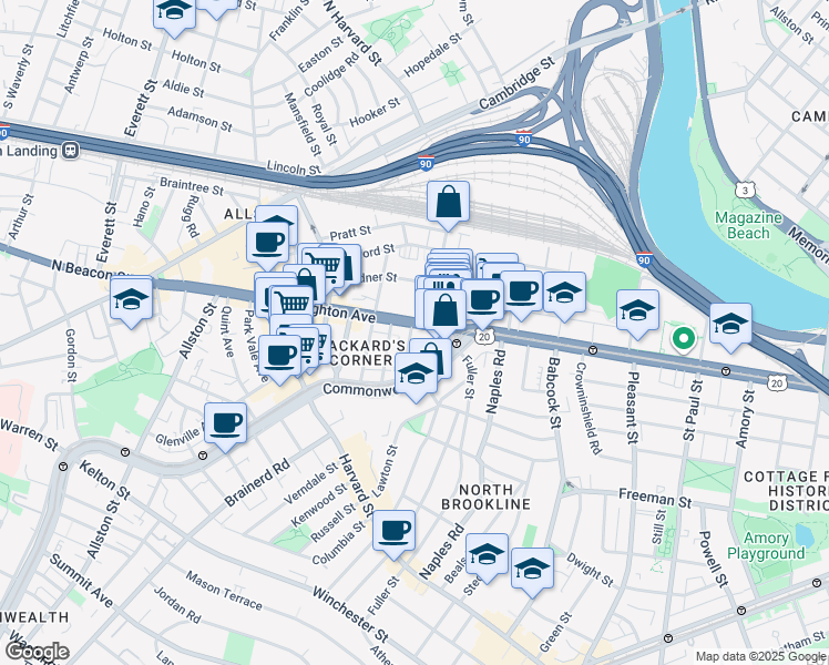 map of restaurants, bars, coffee shops, grocery stores, and more near 39 Brighton Avenue in Boston
