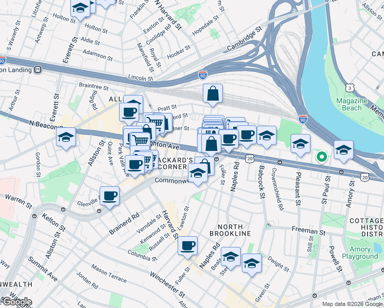 map of restaurants, bars, coffee shops, grocery stores, and more near 39 Brighton Avenue in Boston