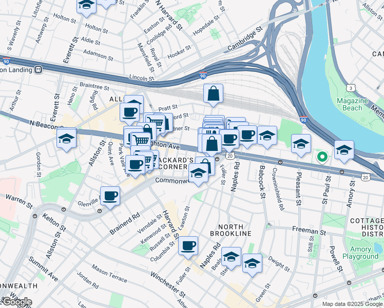 map of restaurants, bars, coffee shops, grocery stores, and more near 39 Brighton Avenue in Boston