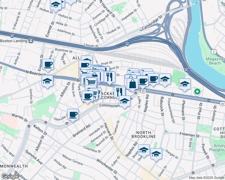 map of restaurants, bars, coffee shops, grocery stores, and more near 66 Brighton Avenue in Boston