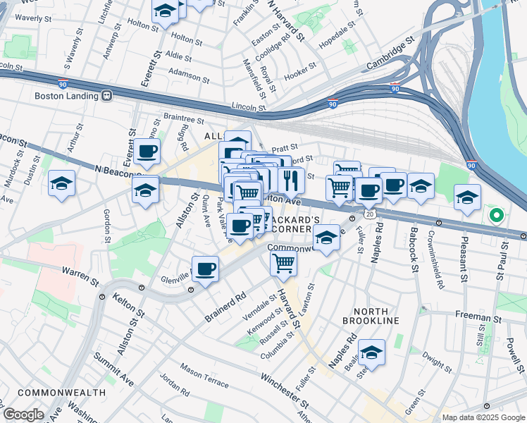 map of restaurants, bars, coffee shops, grocery stores, and more near 100 U.S. 20 in Boston