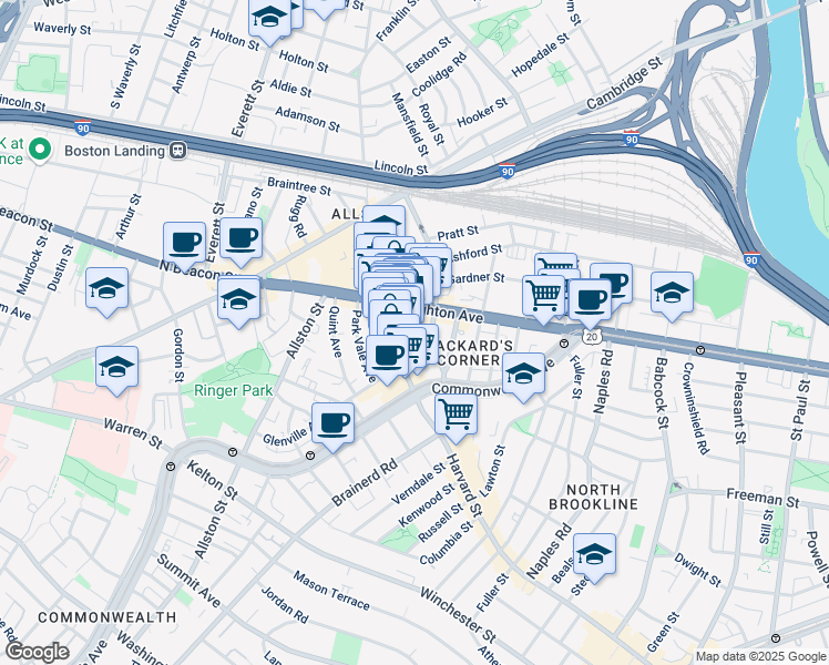 map of restaurants, bars, coffee shops, grocery stores, and more near 147 U.S. 20 in Boston