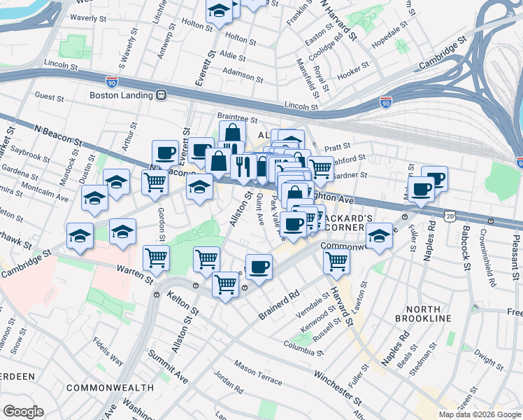 map of restaurants, bars, coffee shops, grocery stores, and more near 21 Quint Avenue in Boston