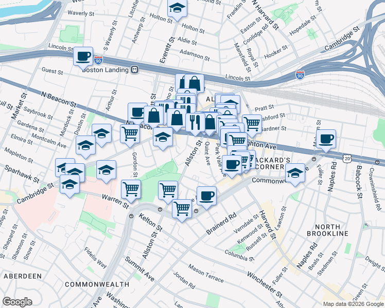 map of restaurants, bars, coffee shops, grocery stores, and more near 21-23 Higgins Street in Boston