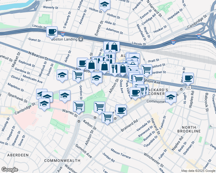 map of restaurants, bars, coffee shops, grocery stores, and more near 21-23 Higgins Street in Boston