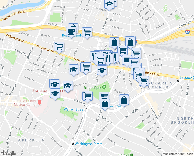 map of restaurants, bars, coffee shops, grocery stores, and more near 22 Imrie Road in Boston